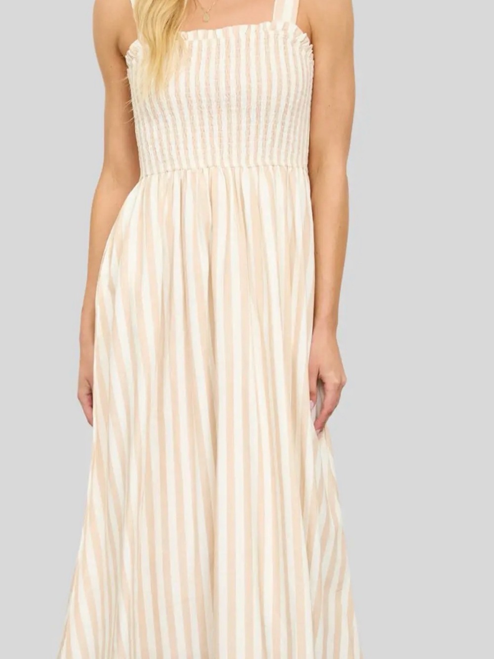 Smocked Striped Maxi Dress in Cream and White